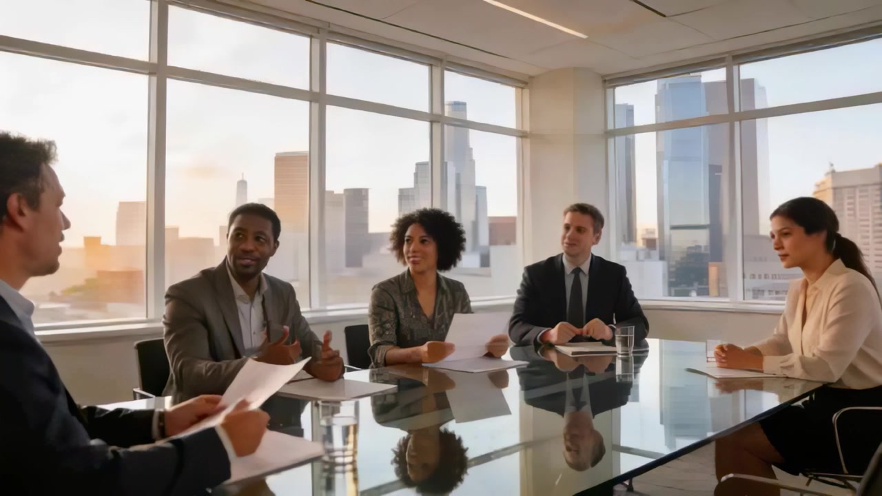 Preparing leftmost man passing papers at high-rise glass table in suits for meeting, team gesturing