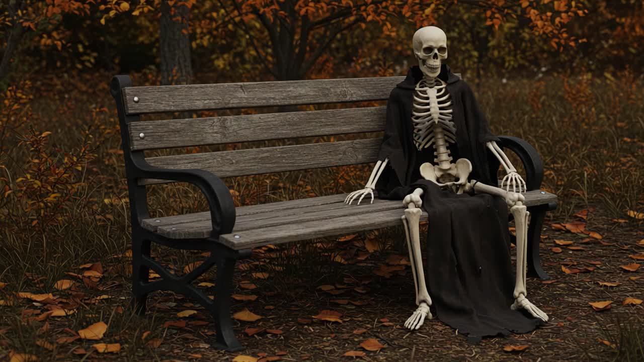A Mysterious Skeleton Seated on a Park Bench Draped in a Dark Cloak Surrounded by Autumn Leaves, Evoking an Eerie Atmosphere in a Serene Outdoor Setting