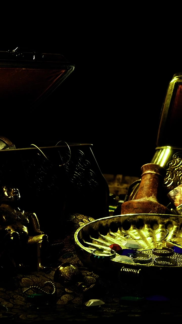 Antico tesoro con manufatti d'oro e oggetti decorativi in un'ambientazione scura