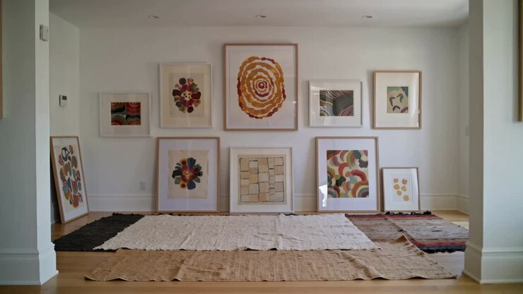 Sliding camera on slider, revealing framed art at home, showing orange spiral, mosaic and rugs