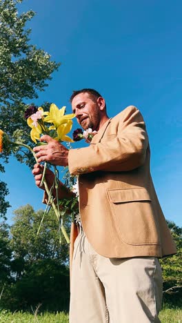 man holding flowers outdoors