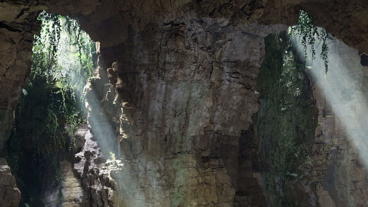Natural light filters through a cave revealing lush greenery and rocky textures