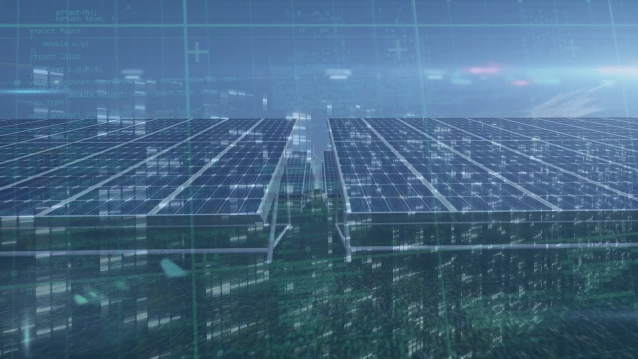 Animation of moving columns and data processing over wind turbines and solar panels