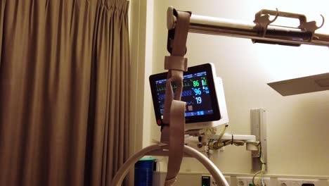 cardiogram monitor in hospital room shows patient heart rate and condition