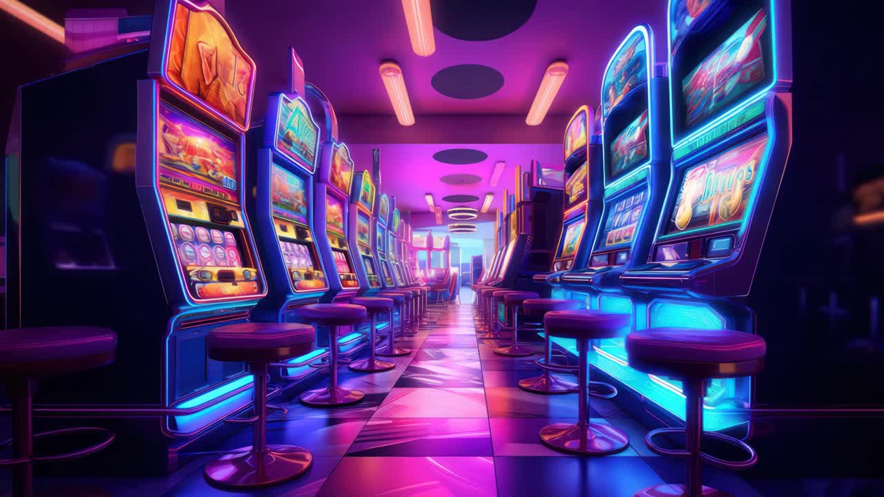 Vivace scena di un casinò con slot machine illuminate al neon. La ripresa dal basso crea un video dinamico e coinvolgente