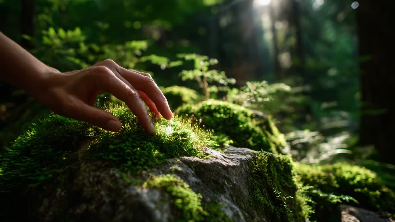 A Serene Moment in Nature: The Delicate Touch of a Hand on Soft, Lush Moss Surrounded by Glimmering Sunlight Filtering Through the Trees in a Tranquil Forest Setting