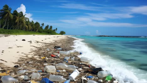 plastic bottles and various types of garbage littering a pristine white sand beach on a tropical caribbean island. highlighting the pressing issue of environmental pollution and its impact on nature