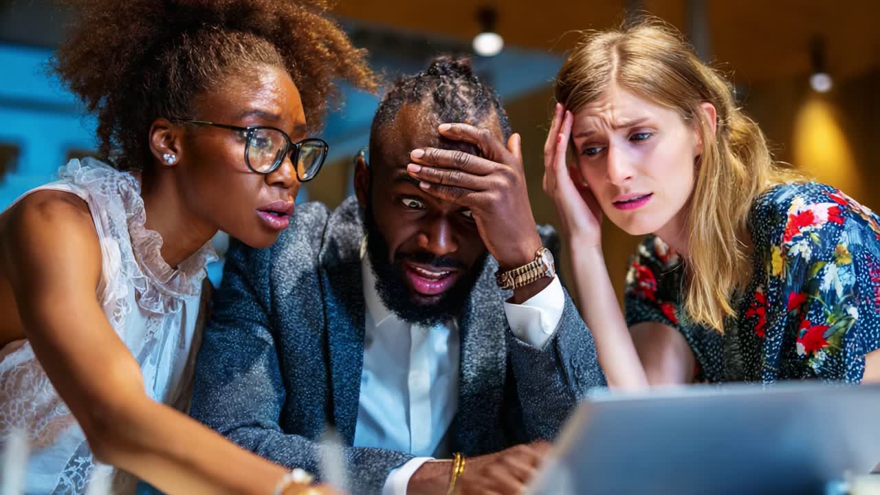 Three colleagues express anxiety and concern while examining a laptop screen during a challenging work situation, highlighting the stress of collaboration in a competitive environment