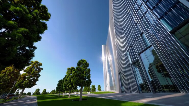 Moderno edificio per uffici con spazi verdi lussureggianti