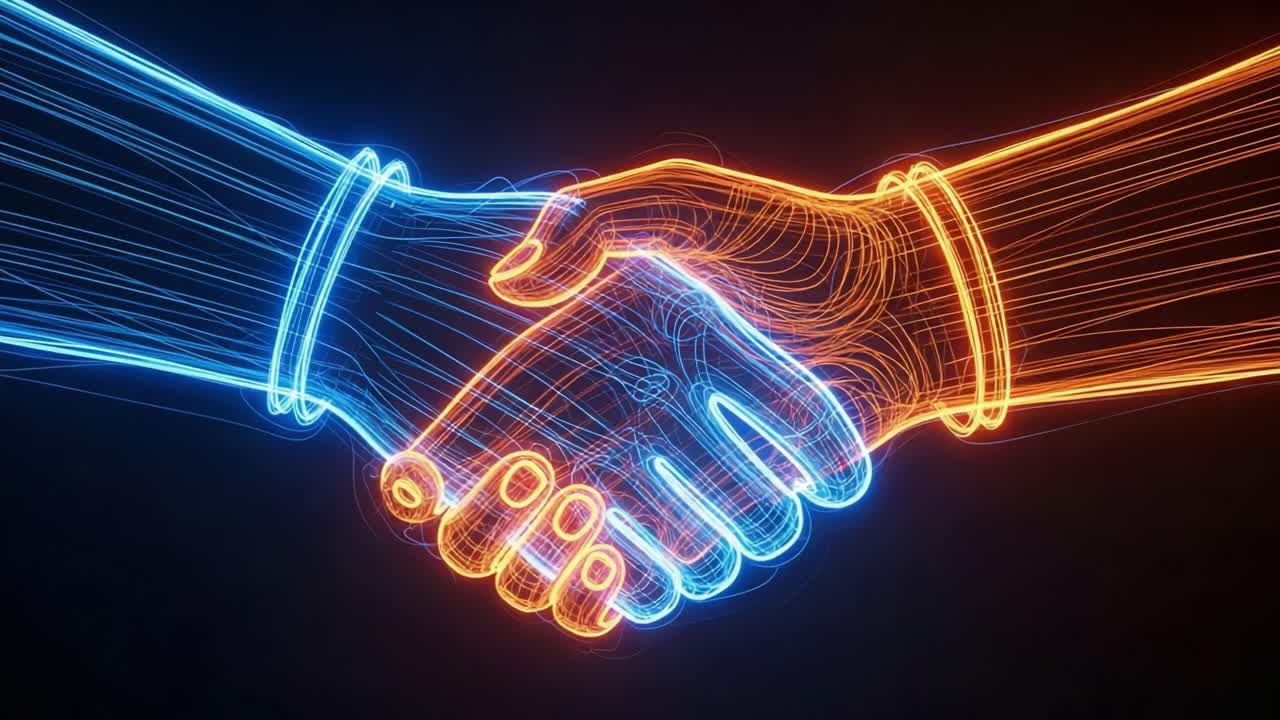 Dynamic Visualization of Partnership: Two Hands Shaking in Neon Lights, Symbolizing Collaboration, Agreement, and Unity in a Futuristic Setting