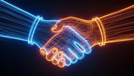 dynamic visualization of partnership: two hands shaking in neon lights, symbolizing collaboration, agreement, and unity in a futuristic setting