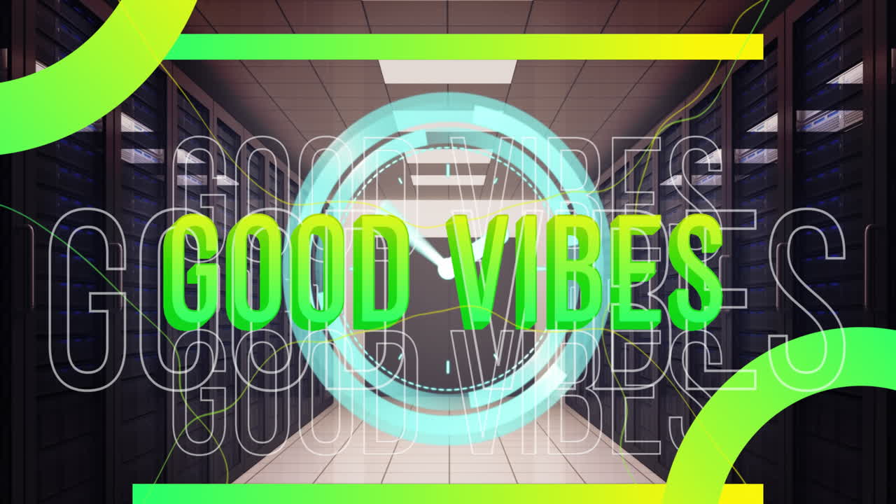Animation of good vibes text and data processing over computer servers