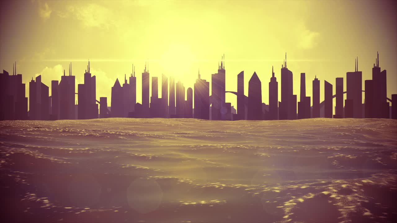 Cityscape skyline ocean rising sea level silhouette skyscraper future climate 4k