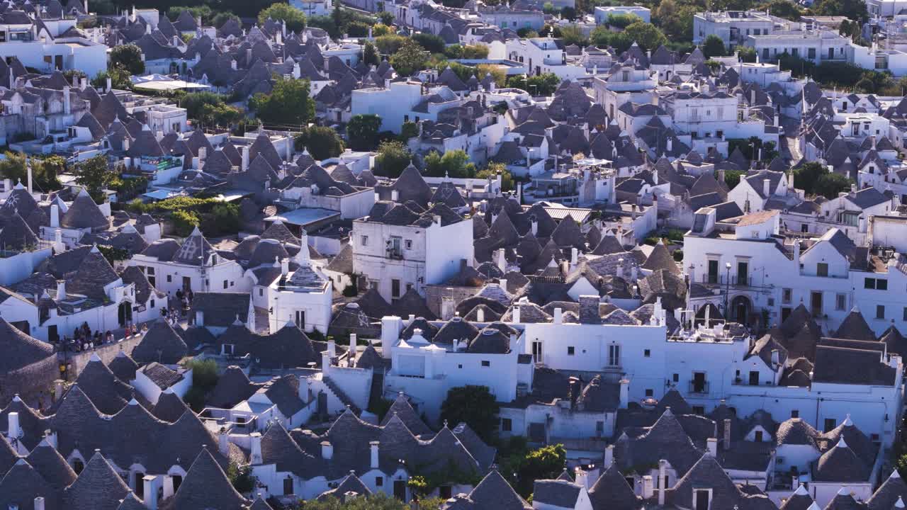 Rooftops of Trulli homes in Arbelobello, aerial drone view