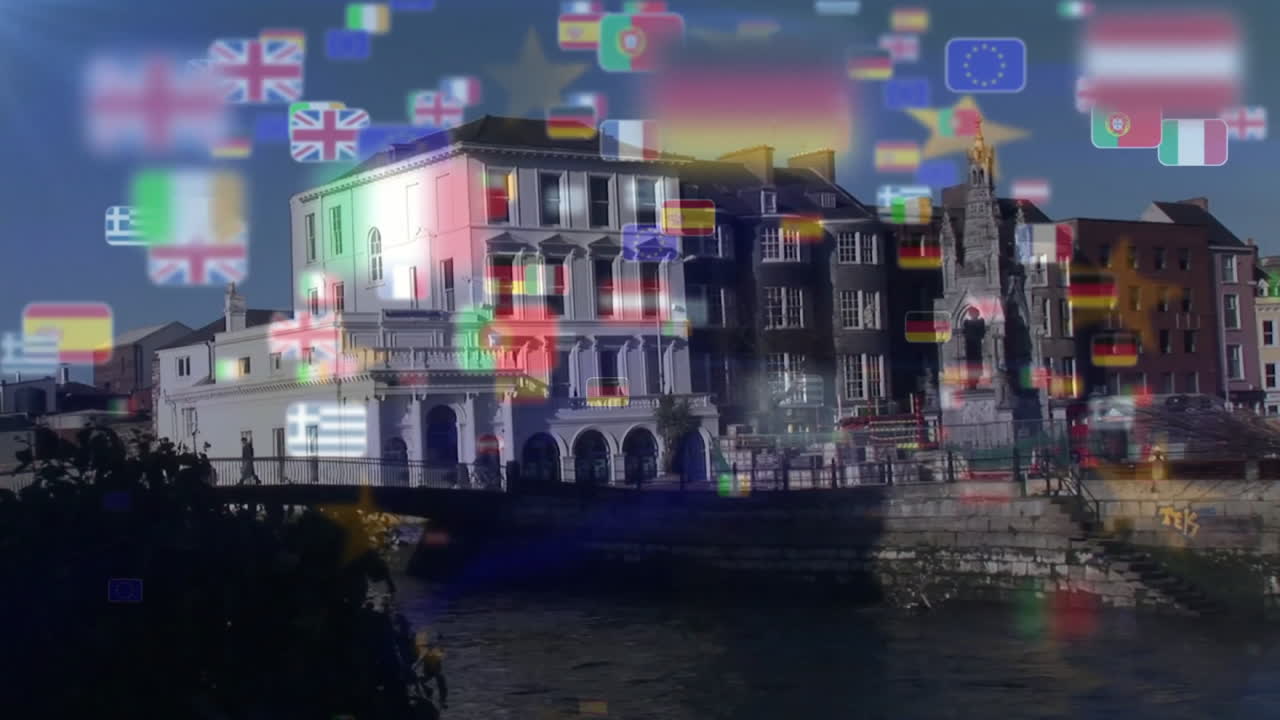 Animating European flags over waterfront buildings