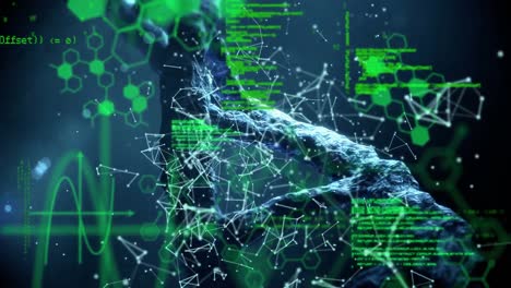 Animación-Del-Hilado-De-Cadenas-De-ADN-En-3D-Y-Procesamiento-De-Datos-Científicos-Sobre-Hexágonos-En-Segundo-Plano.