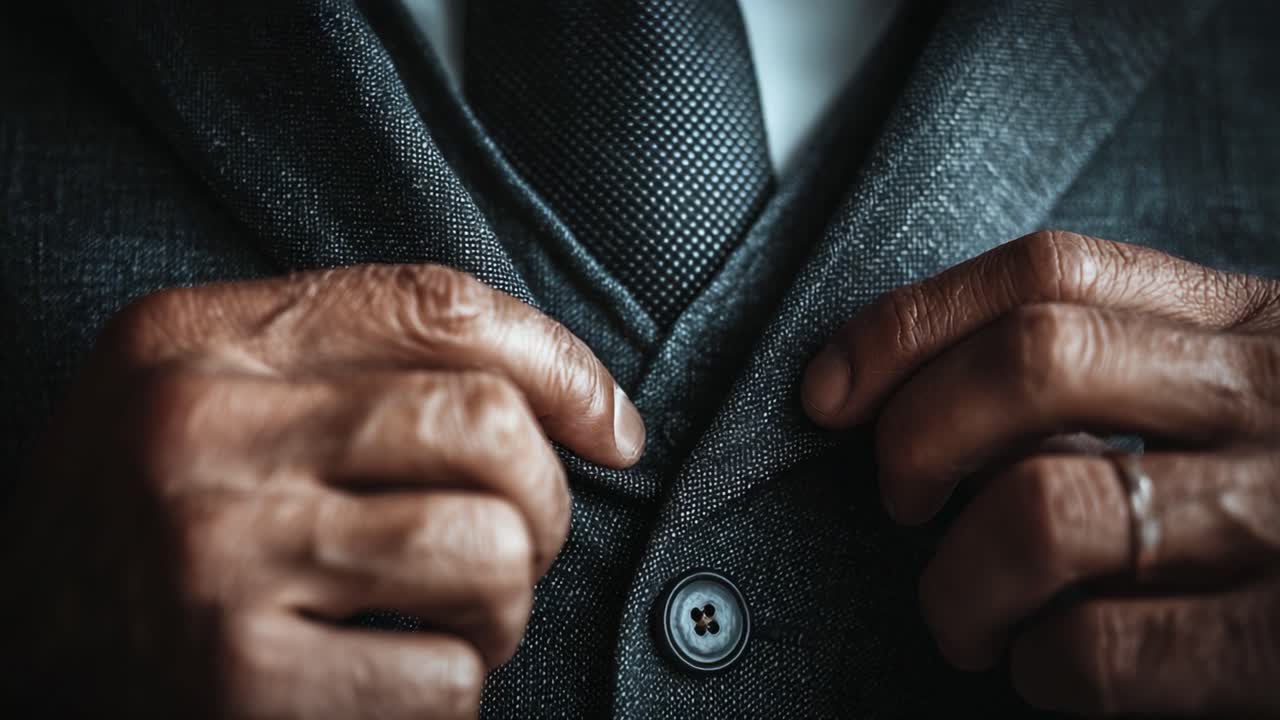 Penyesuaian Kancing Jas yang Elegan oleh Tangan: Sebuah Refleksi Jarak Dekat dari Kecanggihan dan Perhatian terhadap Detail dalam Busana Formal untuk Kesan Profesional.