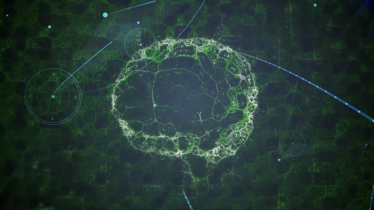 Animation of network of connections and digital brain over black background