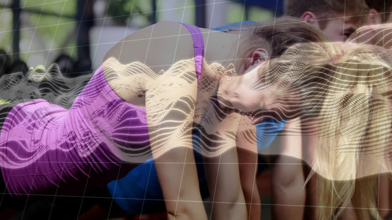 Female athlete bending forward on bench, displaying floating grid lines and fitness data overlay