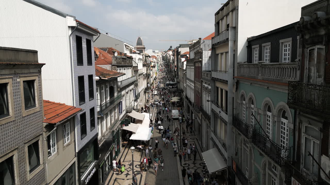 Drone Shot Through Shopping Streets of Porto, Portugal