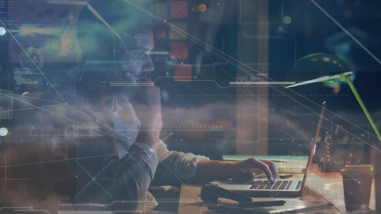 Animation of globe of networks of connections over man using laptop