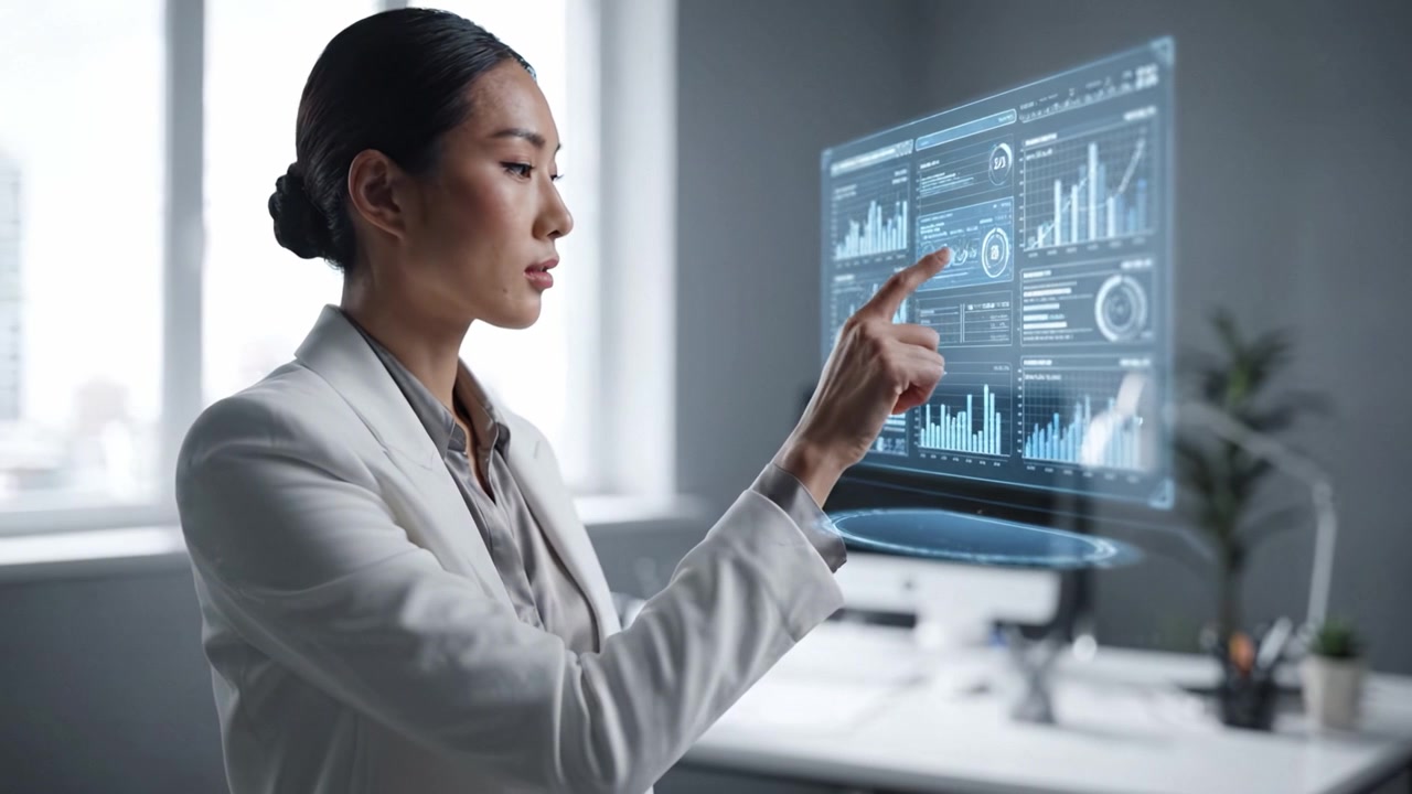 A professional woman interacts with a futuristic holographic display showcasing data analytics and statistics in a modern office environment.