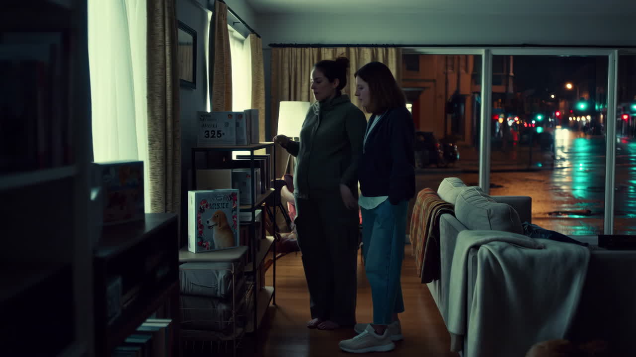 Two women talking in a living room at night with a rainy street outside