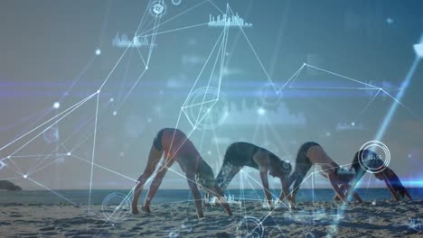 animación de conexiones y datos sobre un grupo de mujeres diversas practicando yoga en el mar