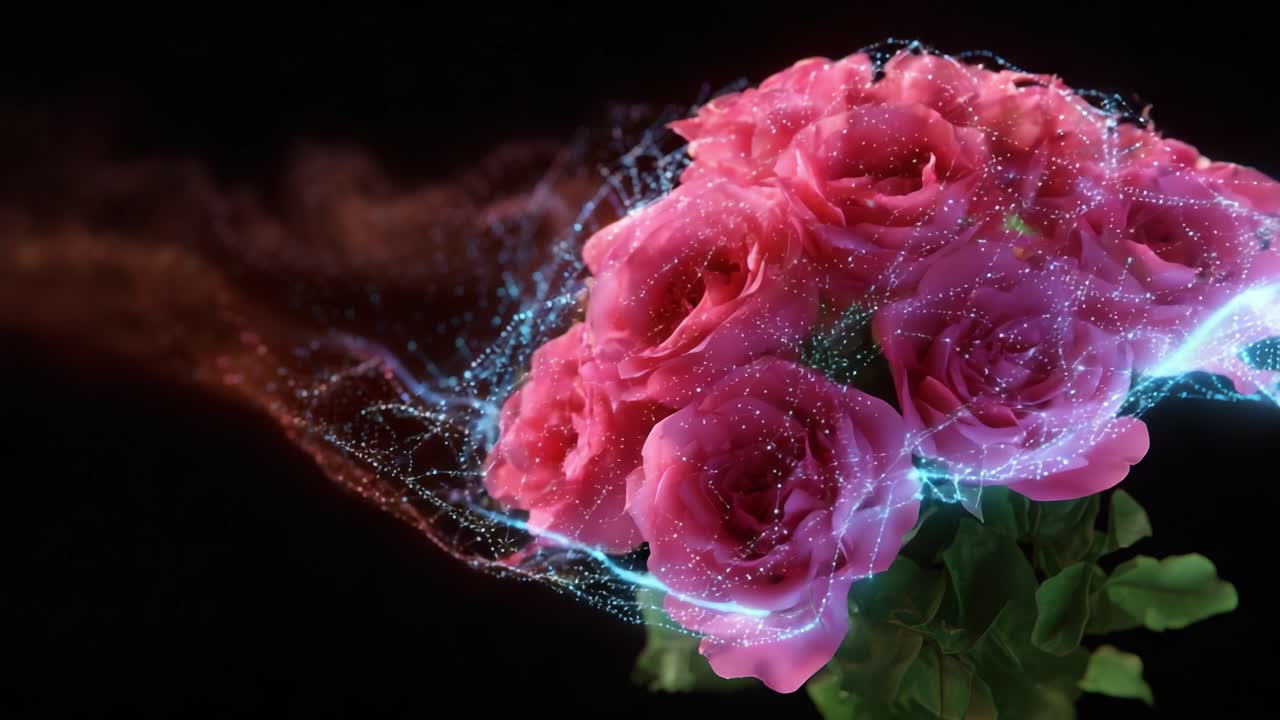 Una straordinaria esposizione di vivaci rose rosa con eterei effetti scintillanti, valorizzata in modo accattivante da uno sfondo scuro, perfetta per appassionati di natura e fioristi