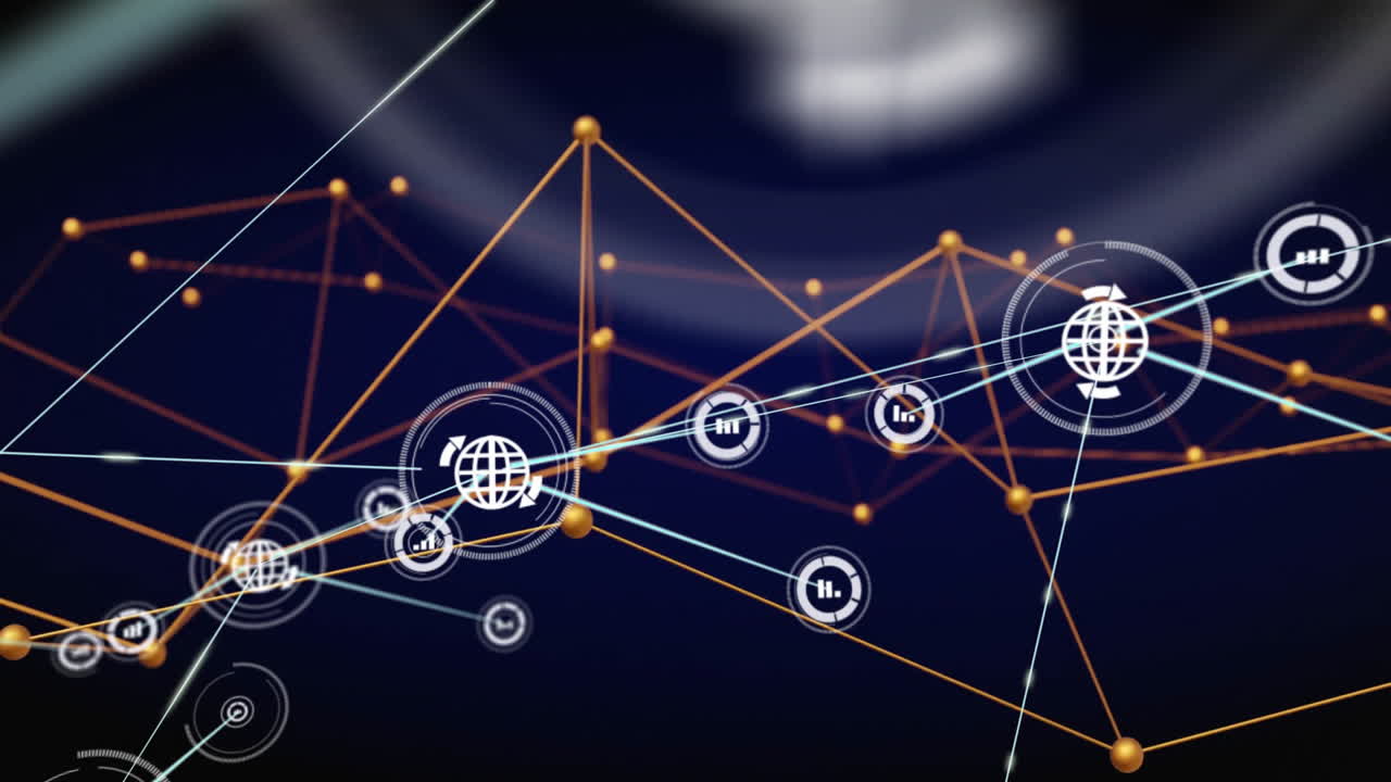Animation of network of connections with globe icons and data processing over black background