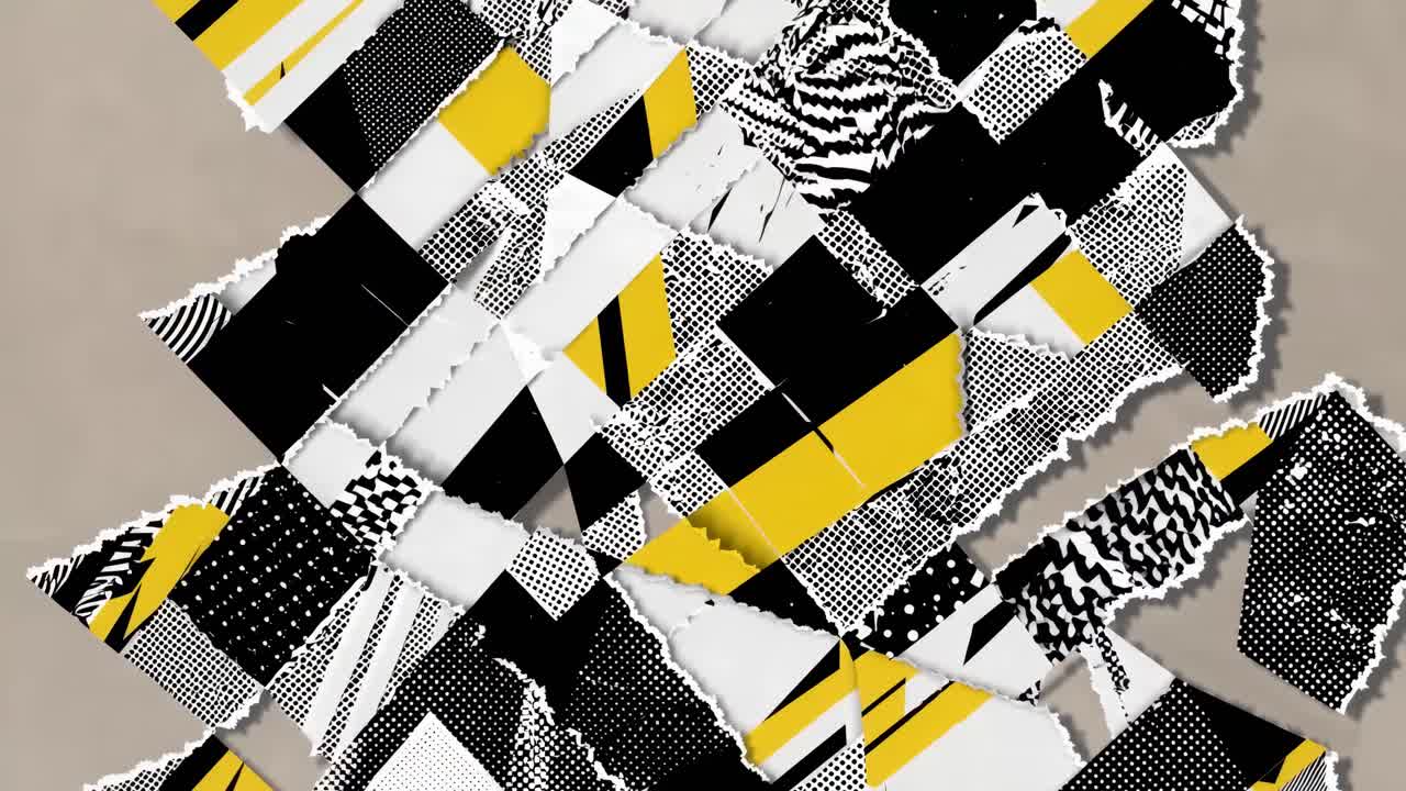 Abstract video art with a collage of torn paper pieces in black, white, and yellow