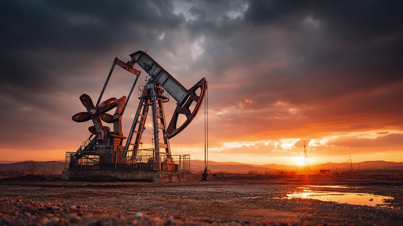 An Evocative Sunset: A Dramatic View of an Oil Pump Jack Silhouetted Against a Vibrant Sky, Capturing the Essence of Energy Production and Nature's Beauty