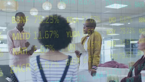 animation of stock market data processing over diverse colleagues discussing together at office