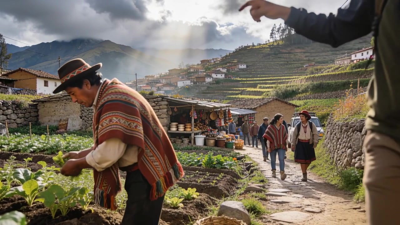 Kneeling local farmer wearing poncho tending crop bed by stone path as visitor pointing and passing