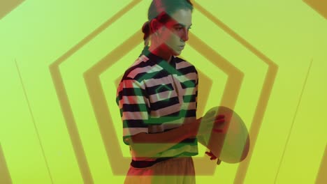 animation of neon pattern over female rugby player on neon background