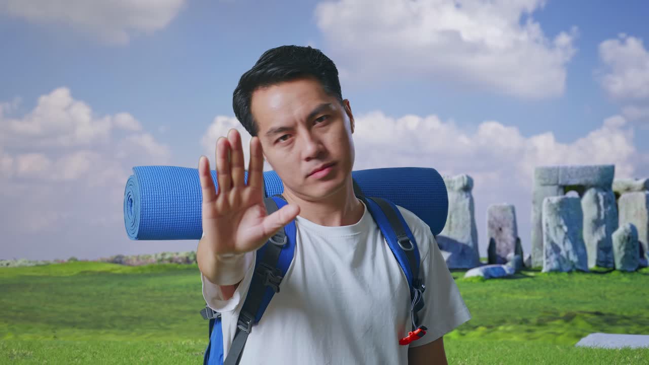 Close Up Of Asian Male Hiker With Mountaineering Backpack Looking At Camera And Making Stop Hand Sign While Traveling In Stonehenge