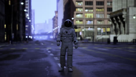 Astronaut explores deserted city streets at dawn with urban backdrop