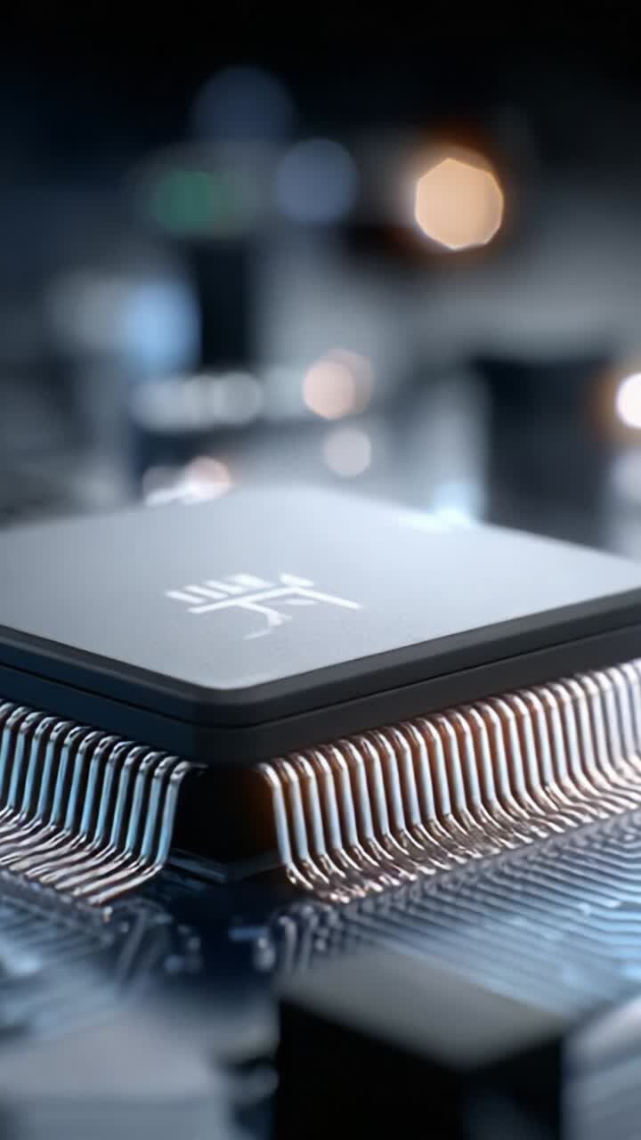 Nærbillede af en mikroprocessor på et printkort, der viser avanceret teknologi og innovativt design med reflekterende komponenter, som forbedrer det visuelle udtryk.