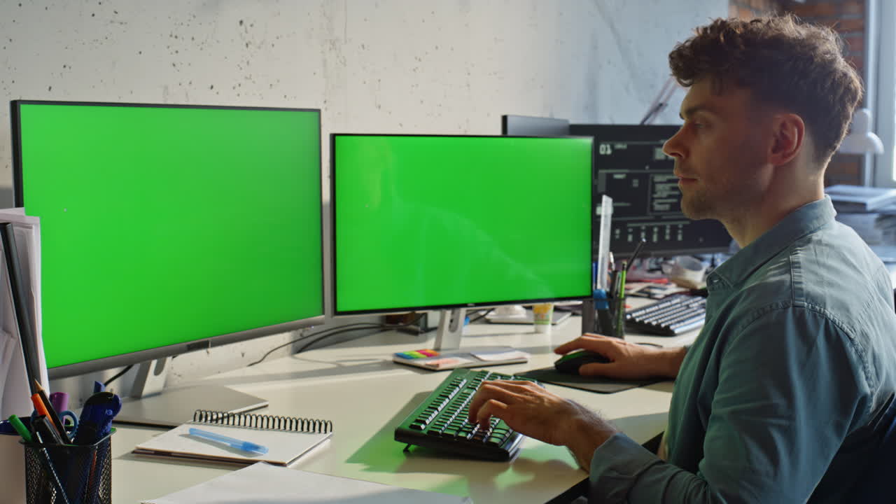 Designer working chromakey monitors typing computer keyboard at office closeup
