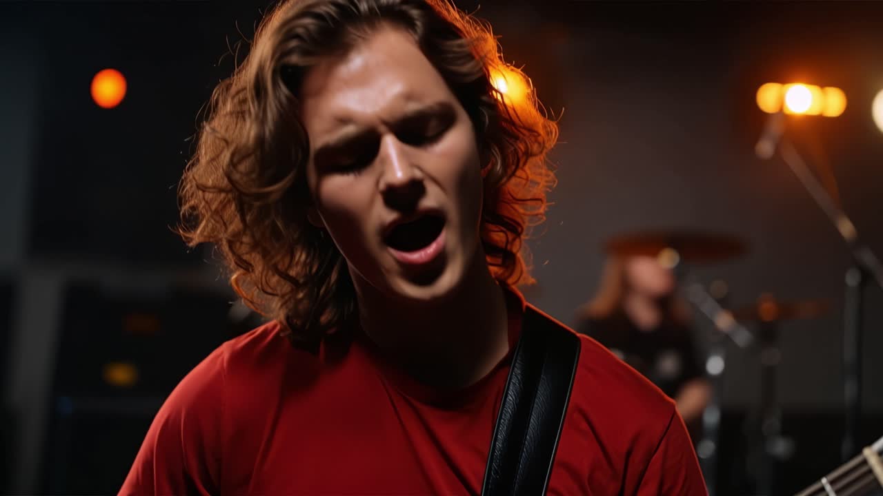 Giovane uomo con capelli ricci che canta e suona la chitarra elettrica sul palco