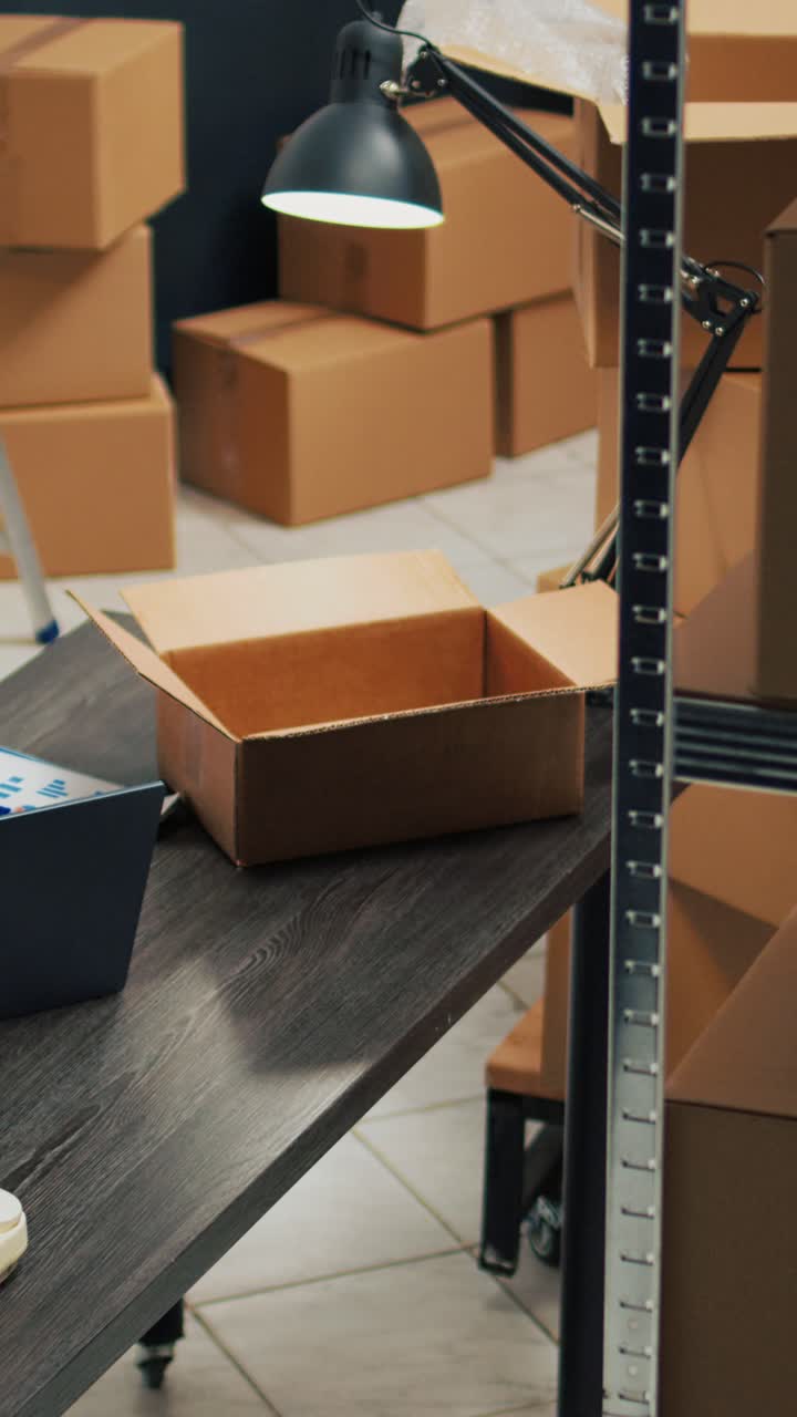 Vertical video: Small business warehouse filled with merchandise to ship to customers