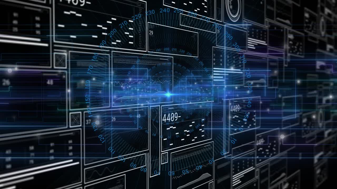 Blue beam activating data panels sliding and cycling as future interface emerging to visualize data