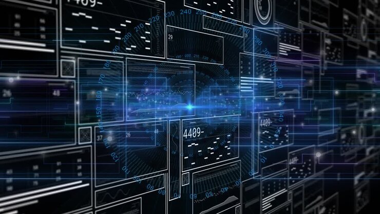 Blue beam activating data panels sliding and cycling as future interface emerging to visualize data