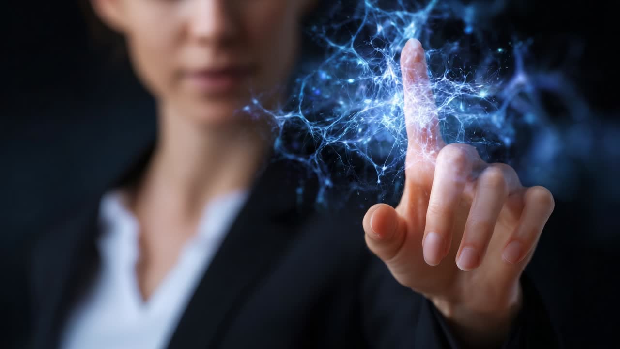 A professional woman reaches out to touch a shimmering energy sphere, symbolizing innovation and technology, as vibrant blue particles swirl around her finger in a captivating display of creativity and imagination