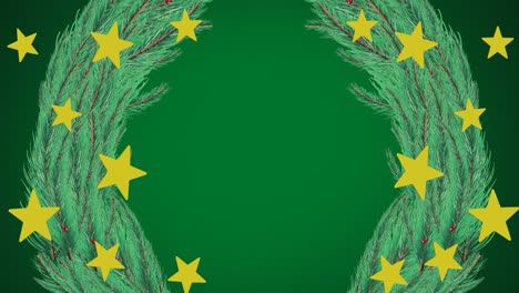 Animation-of-yellow-stars-over-christmas-wreath-on-green-background