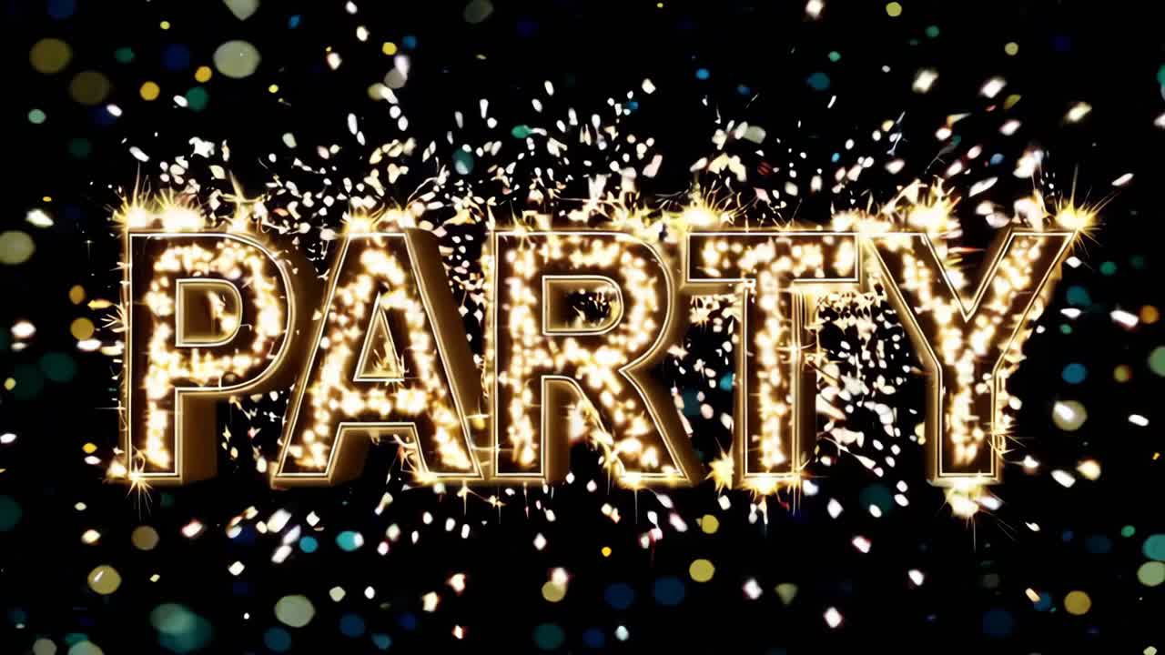 Festive video with sparkling 'PARTY' text, surrounded by colorful confetti on a dark background
