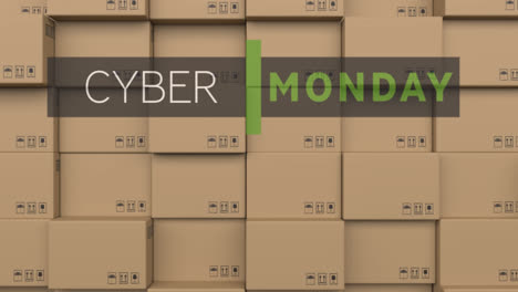 Animation-of-cyber-monday-text-over-stack-of-cardboard-boxes-in-warehouse