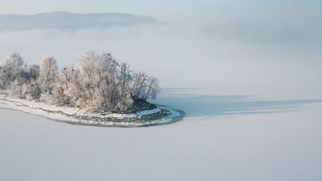 picturesque view of bird island on a misty winter afternoon - aerial shot