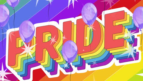 자부심의 애니메이션 lgbtq 텍스트와 풍선, 그리고 무지개 배경에 떨어지는 별