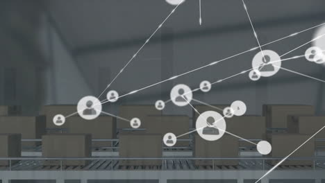 animación de iconos conectados, cajas de cartón en cintas transportadoras sobre el almacén
